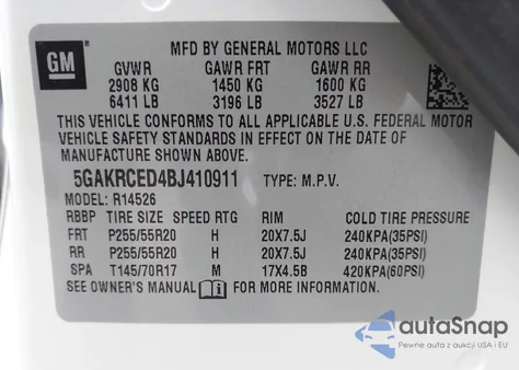 2011 Buick Enclave 2Xl из США, поврежденный, VIN 5GAKRCED4BJ410911
